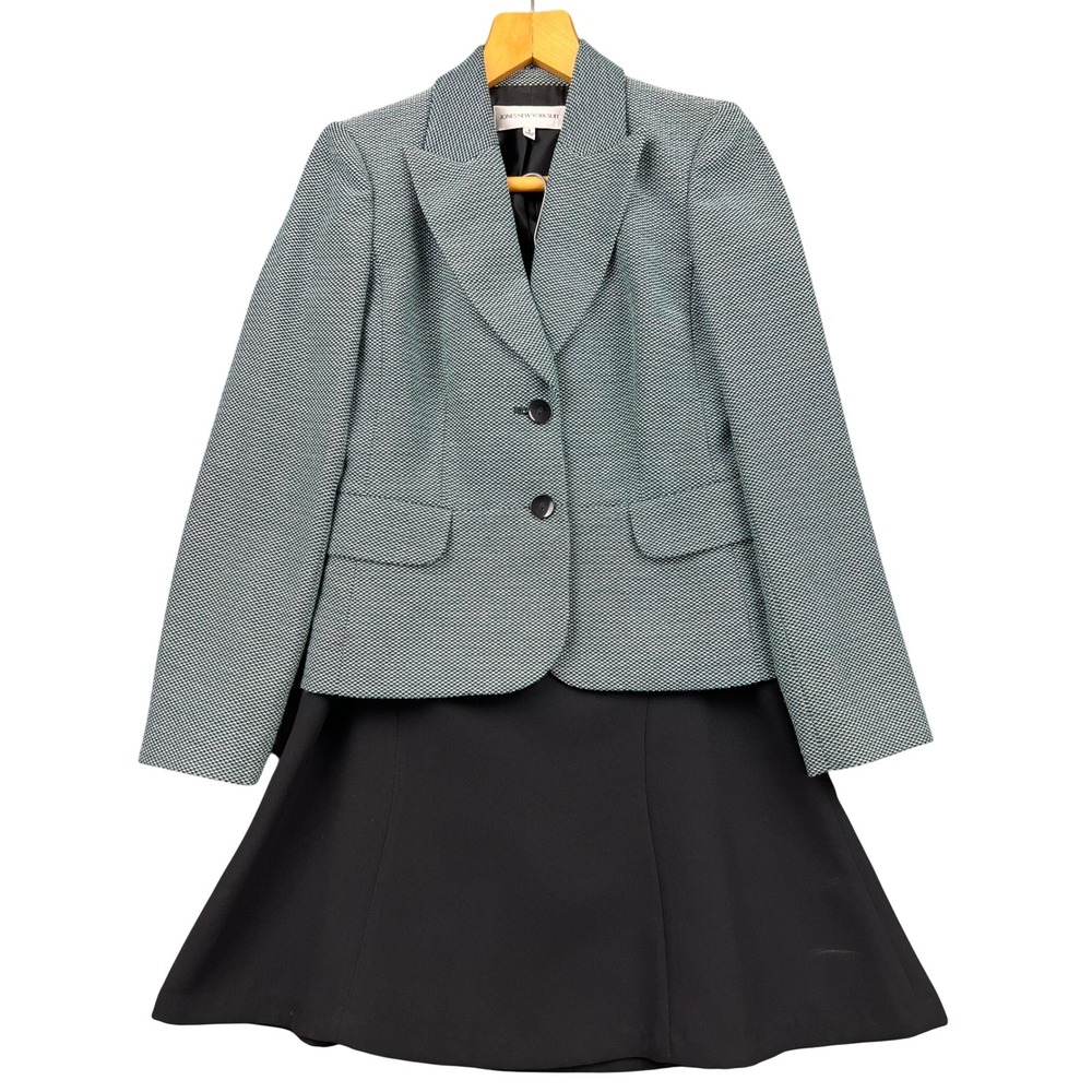 Jones New York Suit Blazer Skirt Set Womens 8 Teal Black Textured Professional